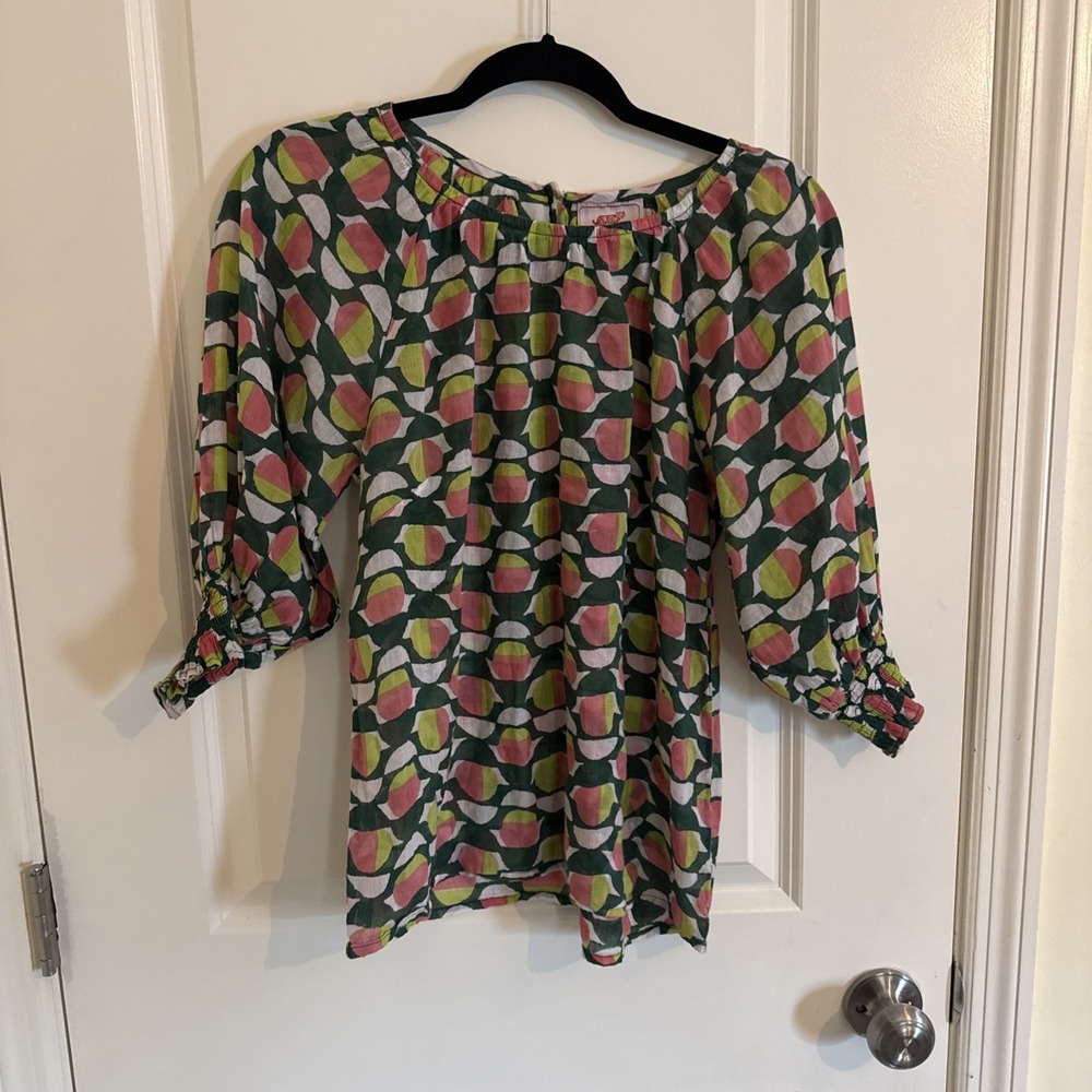 Banjanan Green & Pink Geometric Top House Size Small Anthropology Boho Chic